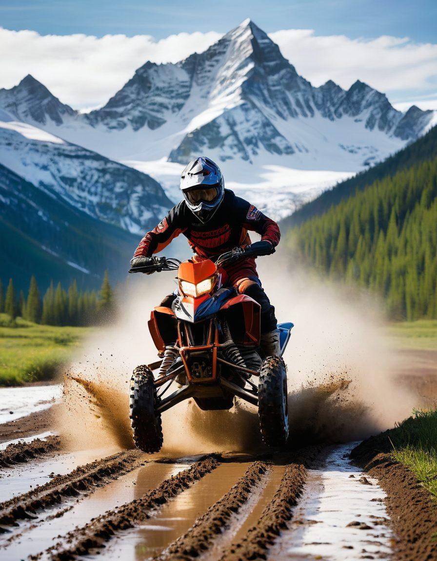 A captivating outdoor scene showcasing a vibrant dirt bike racing through a muddy terrain on one side, and a sleek snowmobile gliding over pristine snow on the other. In the background, a stunning landscape merges mountains with lush hills, signifying adventure in every season. A group of enthusiastic riders are enjoying both activities, embodying the spirit of exploration. super-realistic. vibrant colors. dynamic composition.
