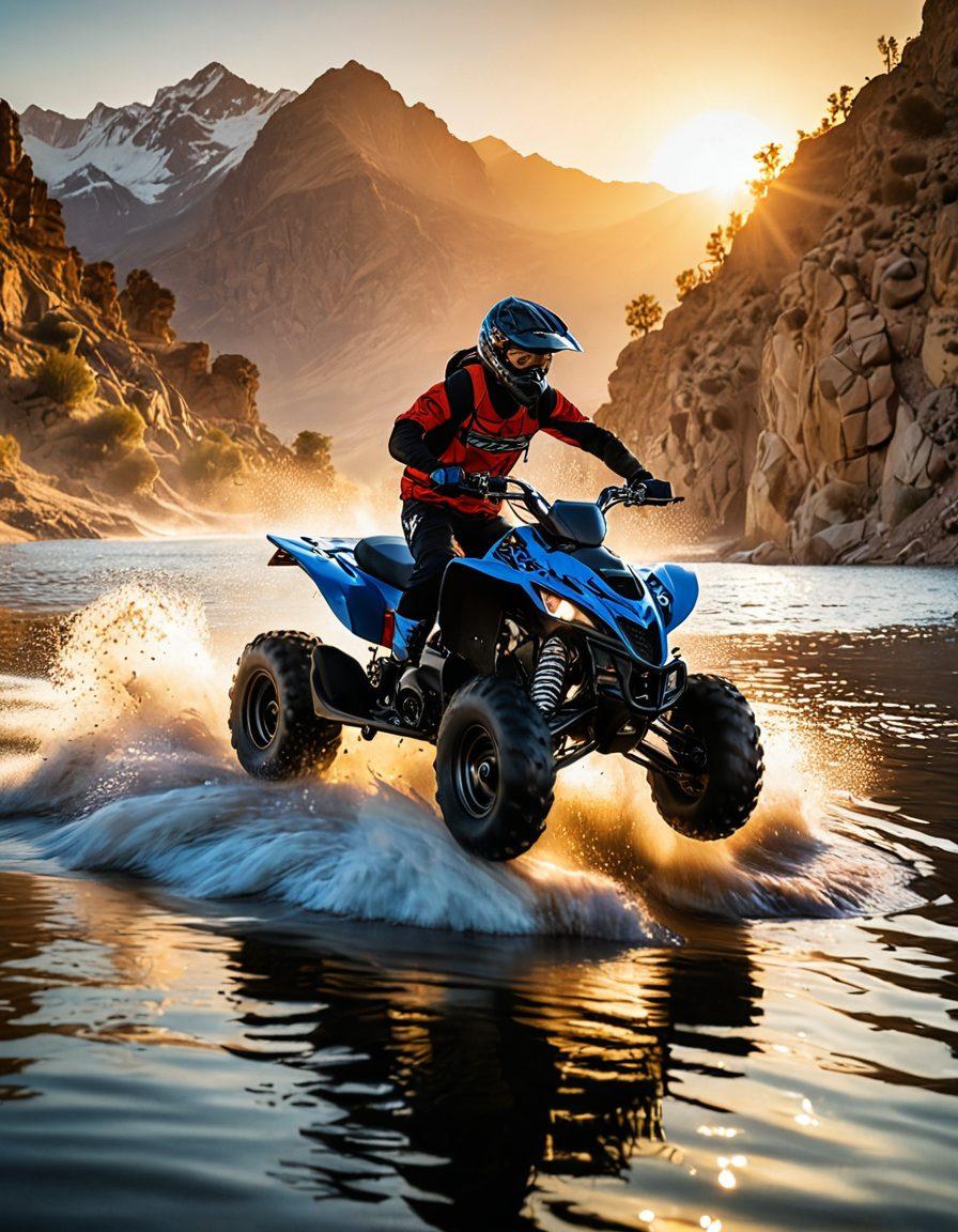 A dynamic scene capturing the essence of powersports culture, featuring a diverse group of adrenaline-seeking adventurers riding various vehicles such as ATVs, jet skis, and dirt bikes across rugged terrains and sparkling waters. The backdrop showcases stunning mountains and a vibrant sunset, illuminating the thrill of exploration and the spirit of camaraderie. Energetic poses and expressions highlight their excitement, evoking a sense of freedom and adventure. super-realistic. vibrant colors. 3D.