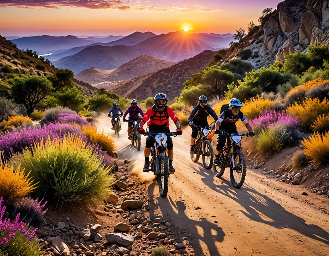 A dynamic scene featuring a diverse group of bikers navigating a thrilling mountain trail, with stunning views of nature surrounding them. Showcase an array of colorful bikes, capturing the excitement and adrenaline rush of the biking lifestyle. Include elements such as flying dirt, vibrant sunset hues, and the expression of joy on the riders' faces. The atmosphere should reflect freedom and adventure. super-realistic. vibrant colors. action-packed.